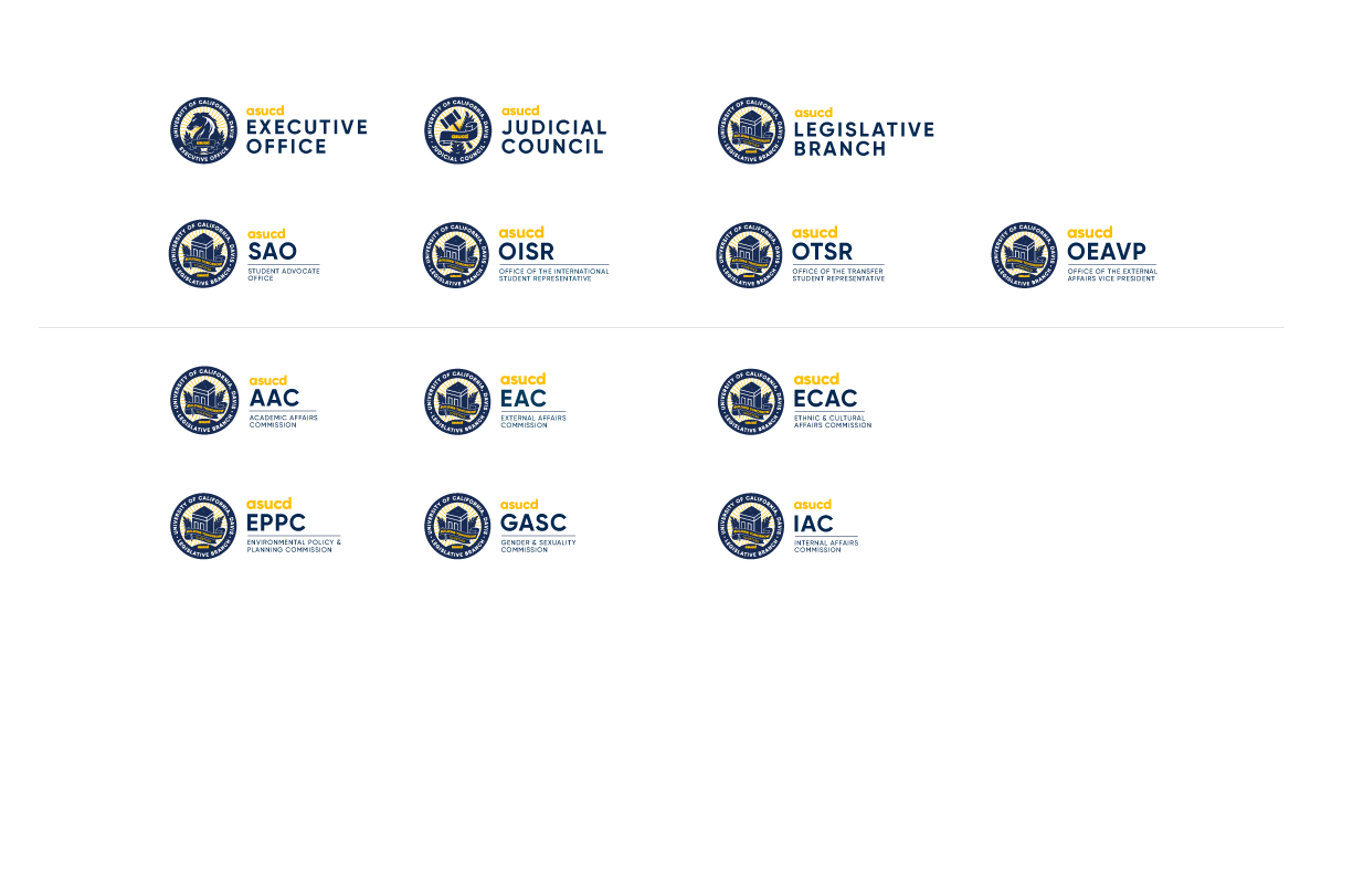 A grid of blue and gold student government and commission logos: Executive Office, Judicial Council, Legislative Branch, Student Advocacy Office, Office of the International Student Representative, Office of the Transfer Student Representative, Office of the External Affairs Vice President, Academic Affairs Commission, External Affairs Commission, Ethnic and Cultural Affairs Commission, Environmental Policy and Planning Commission, Gender and Sexuality Commission, and the International Affairs Commission