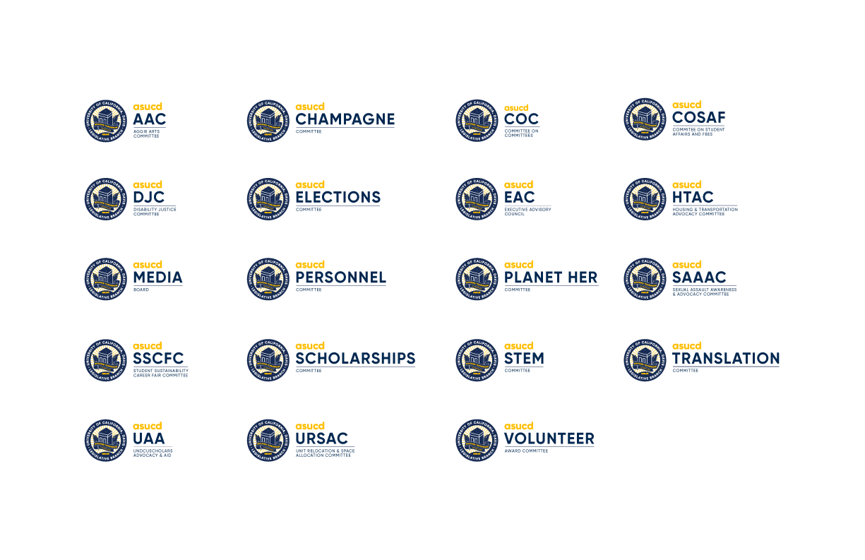 A grid of the following blue and gold ASUCD committee logos: Aggie Arts, Champagne, Committee on Committees, Committee on Student Affairs and Fees, Disability Justice, Elections, Executive Advisory Council, Housing and Transportation Advocacy, Media Board, Personnel, Planet Her, Sexual Assault Awareness and Advocacy, Student Sustainability Career Fair, Scholarships, STEM, Translation, Undocuscholars Advocacy and Aid, Unit Relocation and Space Allocation, and Volunteer Award