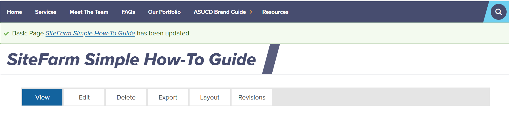 SiteFarm Editing Banner with options to view, edit, delete, export, layout, and make revisions