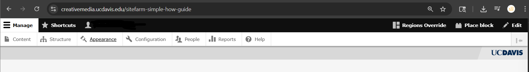 SiteFarm Editing Menu with the options to manage content, structure, appearance, configuration, people, reports, and access the help site