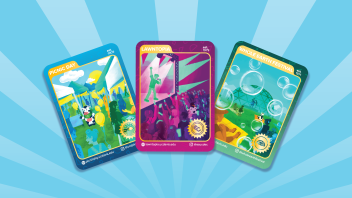Three colorful trading cards highlighting UC Davis events: Picnic Day, Lawntopia, and Whole Earth Festival.