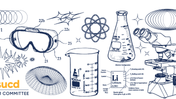Blue outlines of medical supplies including goggles and beakers