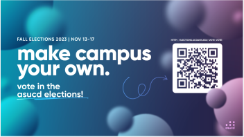 A "Make Campus Your Own" poster with purple and blue bubbles in the background