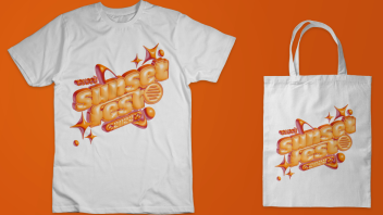 T-shirt and tote bag with orange "sunsetfest" logo and paint splatter in the background
