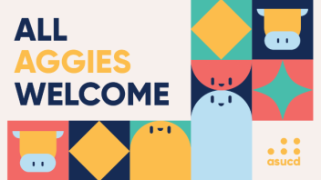 An "All Aggies Welcome" with a variety of geometric-shaped characters