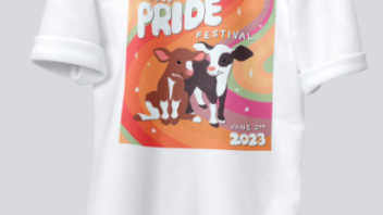 A T-Shirt with two cows and the Pride Festival Logo