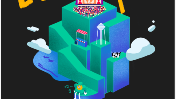 A Lawntopia poster with an abstract floating stage design