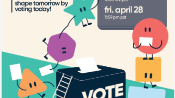 Multiple geometric-shaped characters placing their votes into a voter box