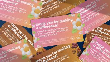 Coupon cards overlapped that read "thank you for making a difference"