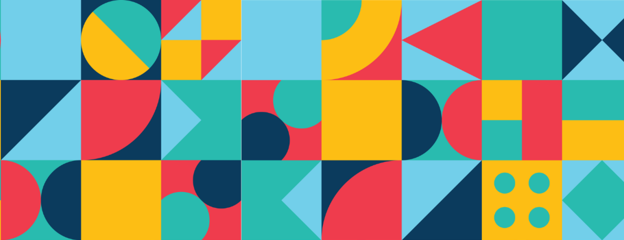 A rectangular grid of blue, teal, gold, and red geometric shapes