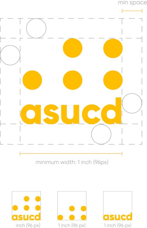 ASUCD Dot Logo, Dots, and Wordmark all placed within dimension markers with minimum size requirements