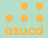 Gold ASUCD Dot Logo in front of a light green background