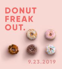 "Donut Freak Out." over a pink background with donuts in the shape of ASUCD's dot logo